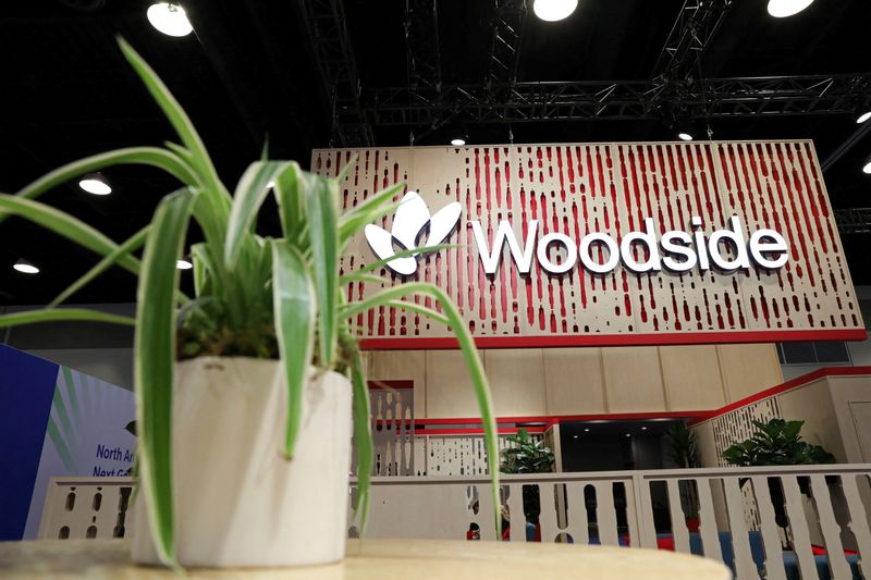 &copy; Reuters. FILE PHOTO: A plant decorates the booth of Australian petroleum exploration and production company Woodside Energy during the LNG 2023 energy trade show in Vancouver, British Columbia, Canada, July 13, 2023. REUTERS/Chris Helgren