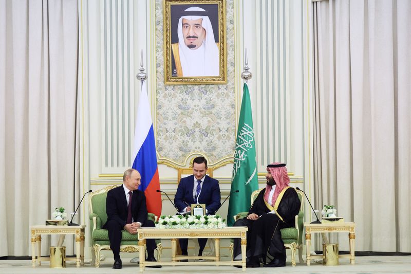 © Reuters. لرئيس الروسي فلاديمير بوتين وولي العهد السعودي الأمير محمد بن سلمان خلال اجتماع في الرياض يوم الأربعاء. صورة لرويترز من وكالة أنباء سبوتنيك.
