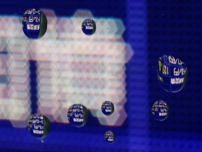 &copy; Reuters. Japan’s long-term government bonds level and Japanese Yen rate against U.S. dollar are seen through rain drops on an electric board outside a brokerage in Tokyo, Japan January 16, 2023. The characters on the screen is a part of the phrase "government bo