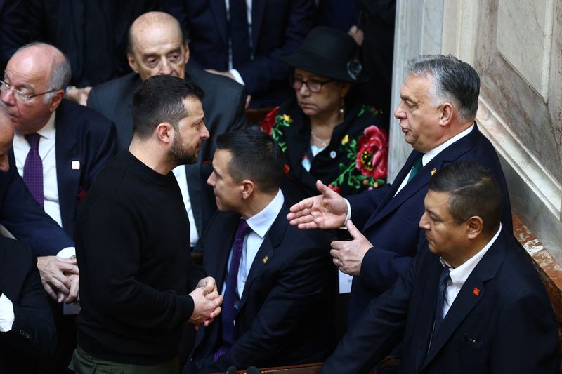 &copy; Reuters. Hungarian Prime Minister Viktor Orban greets Ukraine's President Volodymyr Zelenskiy at the National Congress, in Buenos Aires, Argentina December 10, 2023. REUTERS/Matias Baglietto