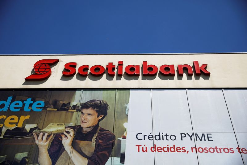 &copy; Reuters. FILE PHOTO: The corporate logo of Scotiabank is seen on a branch in San Salvador, El Salvador, February 8, 2019. REUTERS/Jose Cabezas/File Photo/File Photo