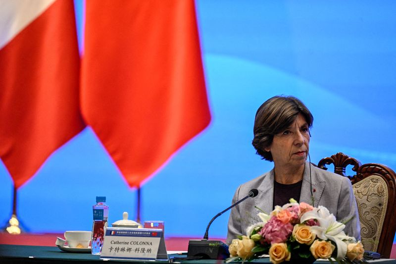 &copy; Reuters. La ministra degli Esteri francese Catherine Colonna al 6° dialogo di alto livello Cina-Francia sullo scambio di persone presso l'Università di Pechino, Cina, 24 novembre 2023.    Jade Gao/Pool via REUTERS/File Photo