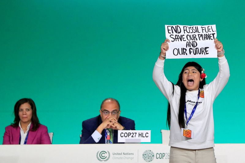 &copy; Reuters. محتجة شابة تعتلي منصة مؤتمر الأمم المتحدة المعني بتغير المناخ (كوب 28) في دبي يوم الاثنين حاملة فوق رأسها لافتة كُتب عليها "أوقفوا استخدام الو