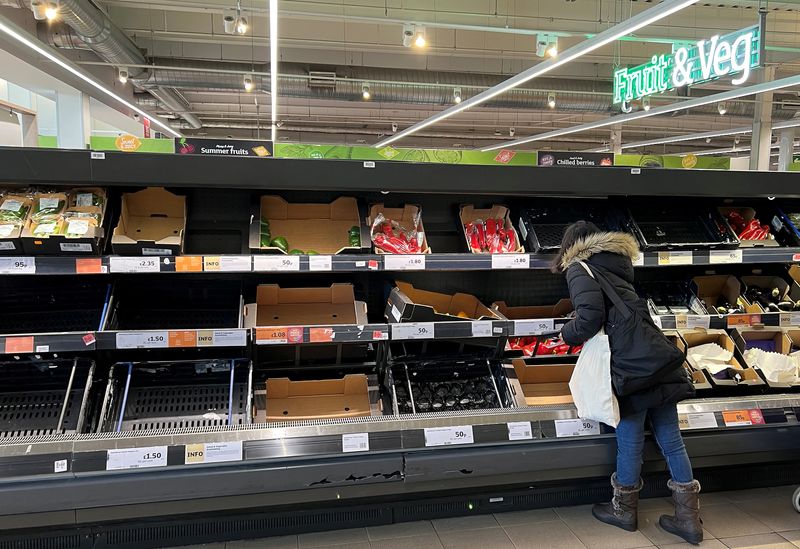 &copy; Reuters. A shopper looks amongst a partially empty fruit and vegetable display in an aisle at a Sainsbury's supermarket, as Britain experiences a seasonal shortage of some fruit and vegetables, in London, Britain, February 26, 2023. REUTERS/Toby Melville/file phot