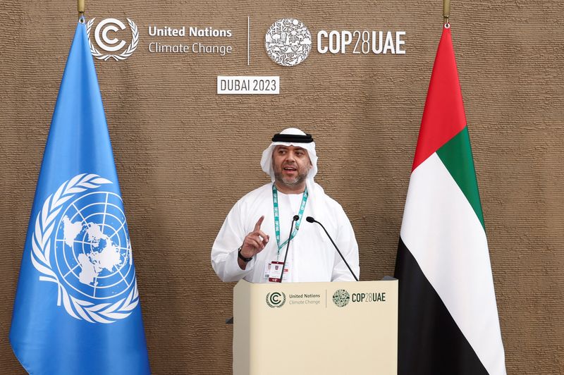 &copy; Reuters. ماجد السويدي مدير عام (كوب 28) يتحدث خلال مؤتمر صحفي علي هامش قمة الأمم المتحدة لتغير المناخ (كوب28) في دبي يوم 12 ديسمبر كانون الأول 2023. تصوير: عم