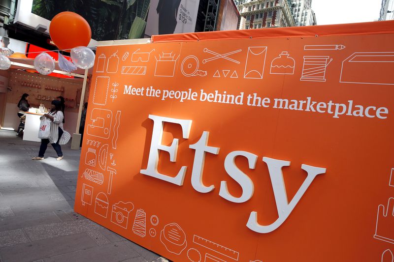 &copy; Reuters. FILE PHOTO: A sign advertising the online seller Etsy Inc. is seen outside the Nasdaq market site in Times Square following Etsy's initial public offering (IPO) on the Nasdaq in New York April 16, 2015. REUTERS/Mike Segar