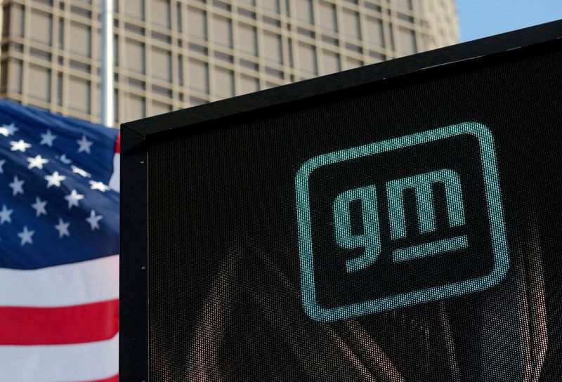 &copy; Reuters. FILE PHOTO: The new GM logo is seen on the facade of the General Motors headquarters in Detroit, Michigan, U.S., March 16, 2021.  REUTERS/Rebecca Cook