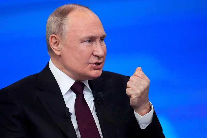 &copy; Reuters. Le président russe Vladimir Poutine s'exprimant lors de sa conférence de presse annuelle à Moscou, Russie. /Photo prise le 14 décembre 2023/REUTERS/Alexander Zemlianichenko
