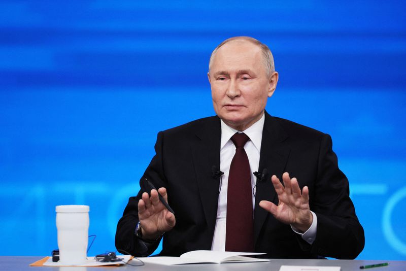 &copy; Reuters. الرئيس الروسي فلاديمير بوتين خلال مؤتمره الصحفي السنوي في نهاية العام في موسكو يوم الخميس. صورة لرويترز من وكالة سبوتنيك الروسية للأنباء.
