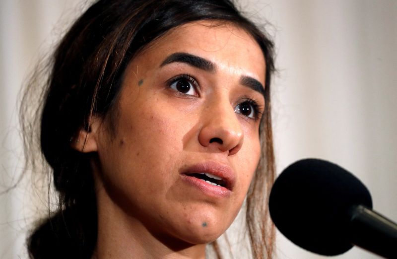 &copy; Reuters. FILE PHOTO: Nobel Peace Prize co-recipient Nadia Murad speaks at the National Press Club in Washington, U.S., October 8, 2018.  REUTERS/Kevin Lamarque/File Photo
