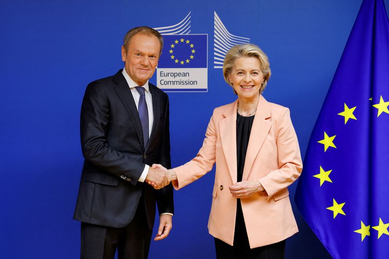 &copy; Reuters. FILE PHOTO: Polish politician Donald Tusk, leader of Civic Coalition (KO) and the opposition's candidate for future Prime Minister, meets with European Commission President Ursula von der Leyen in Brussels, Belgium October 25, 2023. REUTERS/Johanna Geron/