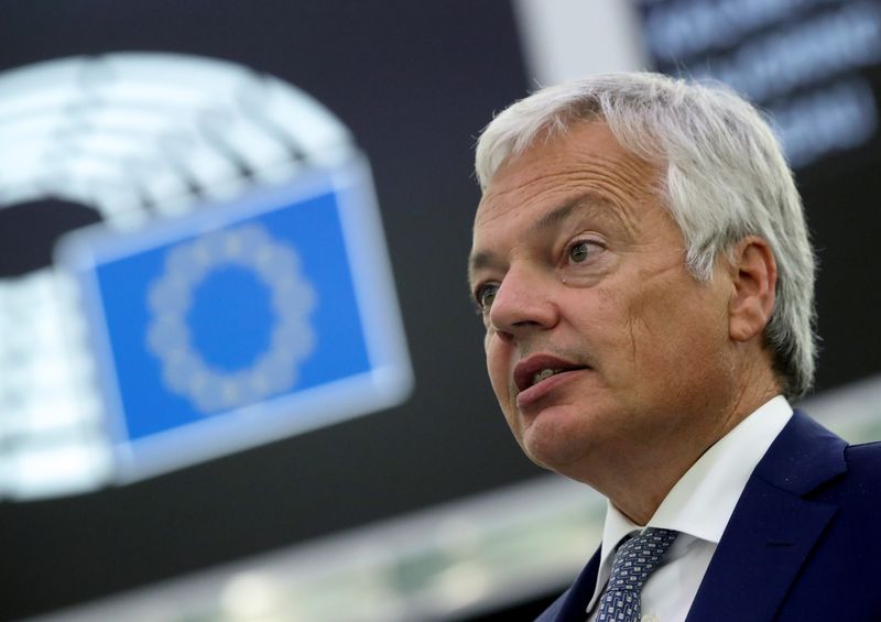 &copy; Reuters. FILE PHOTO: European Justice Commissioner Didier Reynders addresses the European Parliament plenary session in Strasbourg, France September 15, 2021. REUTERS/Yves Herman/Pool/File Photo