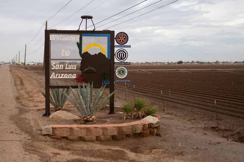 &copy; Reuters. A welcome sign to San Luis is seen next to freshly planted farm fields, in the heavily Hispanic Yuma County, a Democratic stronghold in the southwestern corner of Arizona along the Mexico border, in San Luis, Arizona, U.S., November 16, 2023. REUTERS/Rebe