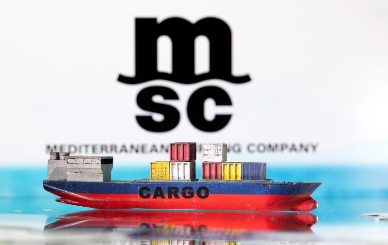 &copy; Reuters. نموذج سفينة حاويات أمام شعار شركة البحر الأبيض المتوسط للشحن (إم.إس.سي) في صورة توضيحية من أرشيف رويترز.
