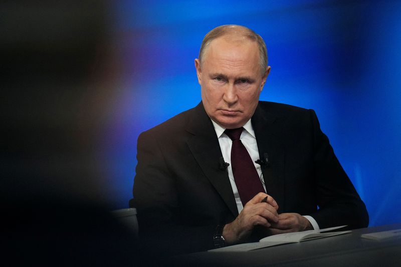 &copy; Reuters. الرئيس الروسي فلاديمير بوتين خلال المؤتمر الصحفي السنوي في موسكو يوم 14 ديسمبر كانون الأول 2023 في صورة لرويترز من ممثل لوكالات الأنباء.