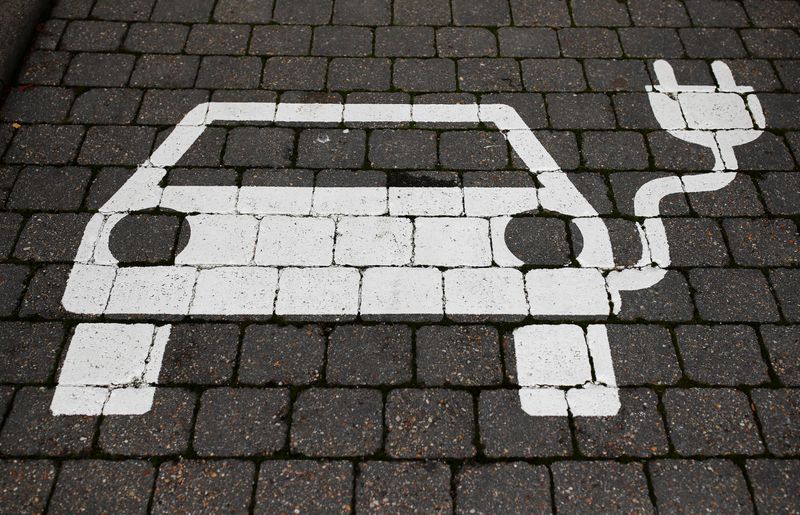 © Reuters. FILE PHOTO: A parking sign for electric vehicles is pictured, where U.S. electric vehicle pioneer Tesla announced to build its first European factory and design center near Berlin, in Gruenheide, Germany, November 13, 2019. REUTERS/Hannibal Hanschke/File Photo