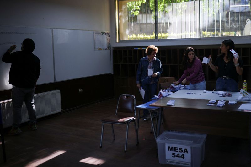 © Reuters. مسؤولون عن الانتخابات يفرزون بطاقات التصويت بعد إغلاق مراكز الاقتراع عقب الاستفتاء على دستور جديد في تشيلي في سانتياجو يوم الأحد. تصوير: بابلو سانويزا - رويترز.
