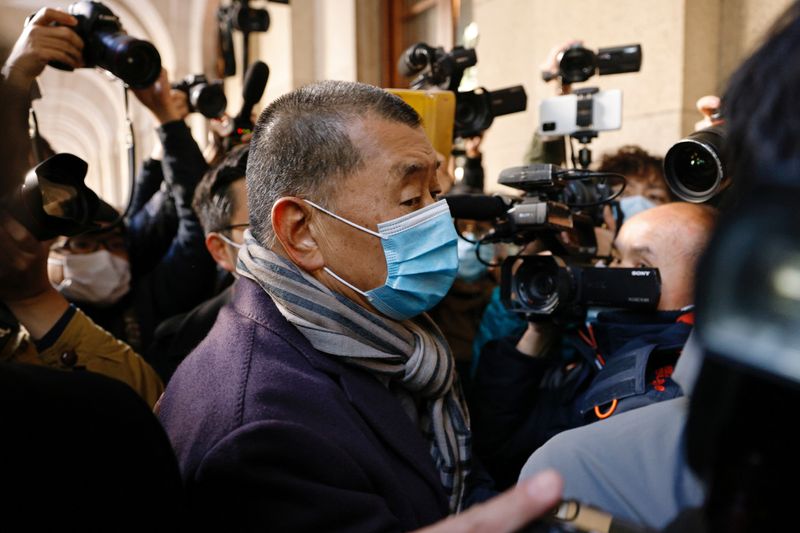&copy; Reuters. FILE PHOTO: Media mogul Jimmy Lai, founder of Apple Daily, arrives the Court of Final Appeal, for hearing an appeal by the Department of Justice against the bail decision of Lai, in Hong Kong, China December 31, 2020. REUTERS/Tyrone Siu/File Photo