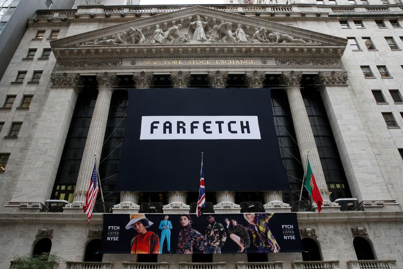 &copy; Reuters. FILE PHOTO: A banner to celebrate the IPO of online fashion house Farfetch is displayed on the facade of the of the New York Stock Exchange (NYSE) in New York, U.S., September 21, 2018. REUTERS/Brendan McDermid/File Photo