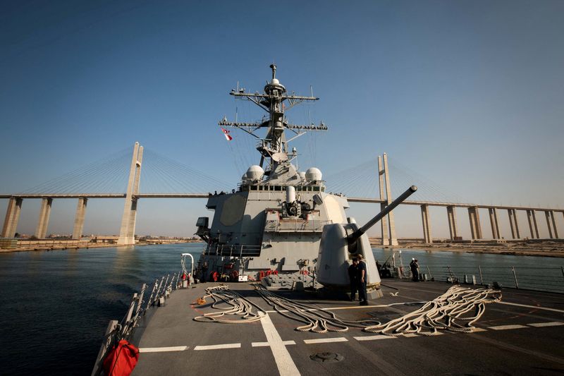 &copy; Reuters. FILE PHOTO: The U.S. Navy Arleigh Burke-class guided-missile destroyer USS Carney transits the Suez Canal, Egypt October 18, 2023.  U.S. Navy/Mass Communication Specialist 2nd Class Aaron Lau/Handout via REUTERS.  THIS IMAGE HAS BEEN SUPPLIED BY A THIRD P