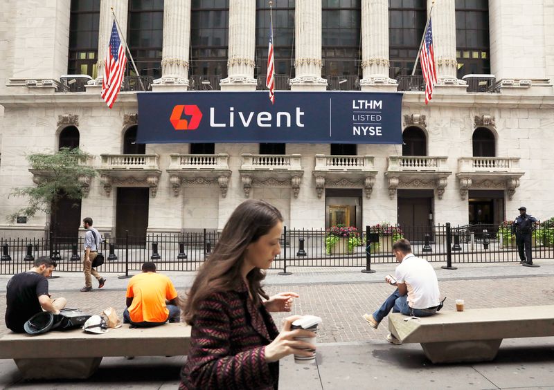 &copy; Reuters. A Livent Corp sign hangs on the New York Stock Exchange (NYSE) in Manhattan as lithium producer Livent Corp holds its IPO in New York, U.S., October 11, 2018. REUTERS/Brendan McDermid/file photo