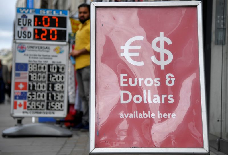 &copy; Reuters. FILE PHOTO: Boards displaying buying and selling rates are seen outside of currency exchange outlets in London, Britain, July 31, 2019. REUTERS/Toby Melville/File Photo