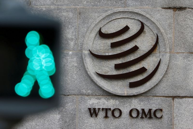 &copy; Reuters. FILE PHOTO: The  World Trade Organization (WTO) logo is pictured in front of their headquarters in Geneva, Switzerland, October 28, 2020. REUTERS/Denis Balibouse/File Photo