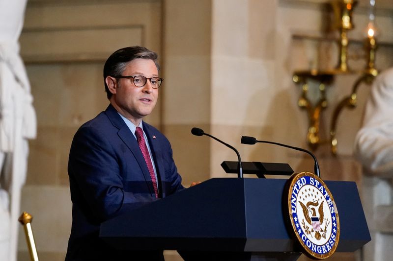 &copy; Reuters. U.S. House Speaker Mike Johnson (R-LA) speaks during a Congressional Gold Medal ceremony posthumously honoring Major League Baseball player, civil rights activist and World War II veteran, Lawrence Eugene “Larry” Doby, in Statuary Hall at the U.S. Cap