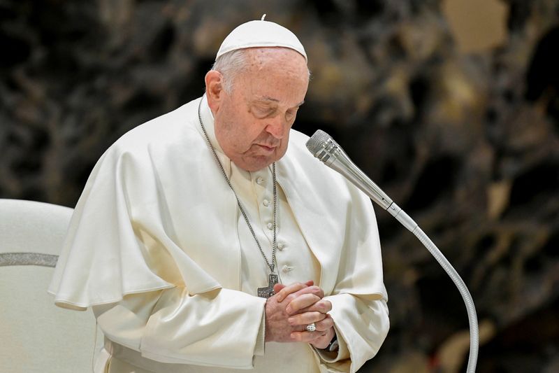 &copy; Reuters. البابا فرنسيس بابا الفاتيكان يتحدث خلال جلسته الأسبوعية في الفاتيكان يوم الأربعاء في صورة لرويترز. 