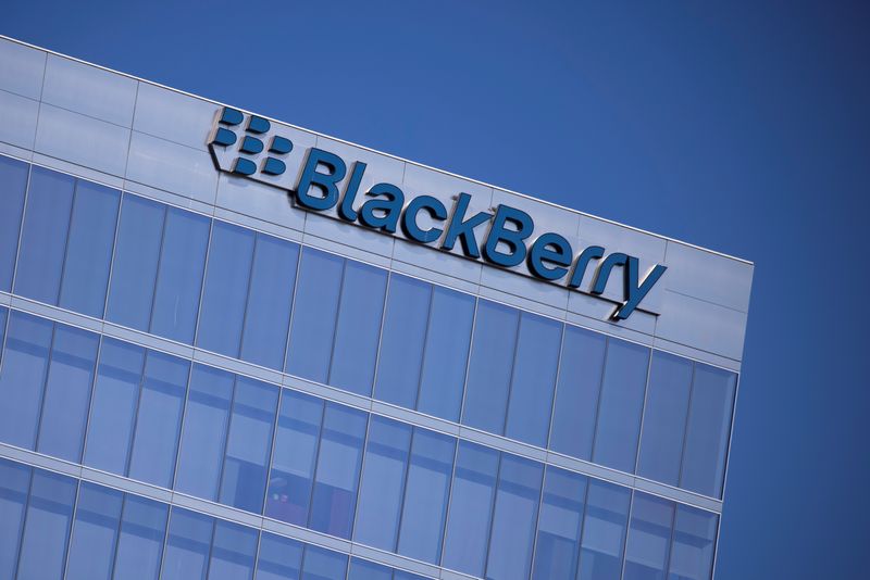 &copy; Reuters. FILE PHOTO: The Blackberry logo is shown on a office tower in Irvine, California, U.S., October 20, 2020.   REUTERS/Mike Blake