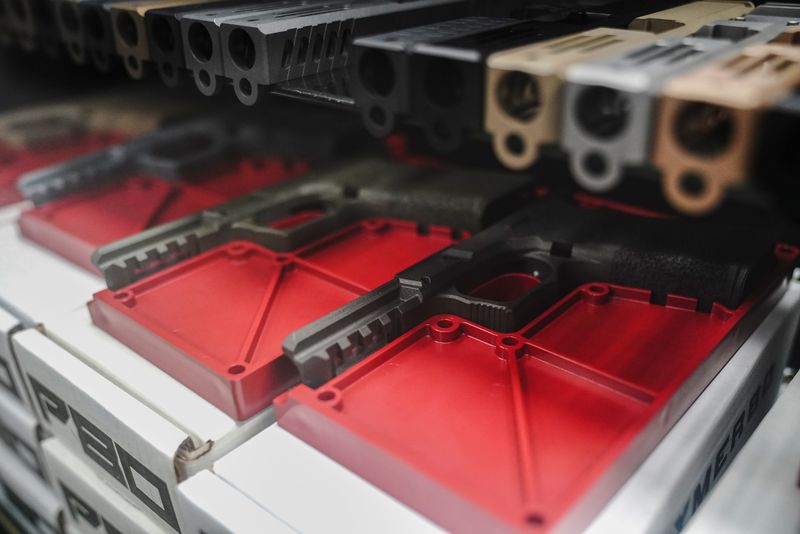 &copy; Reuters. FILE PHOTO: Polymer80 frame kits and upper receivers for Glock semi-automatic pistols are displayed for sale at Firearms Unknown, a gun store in Oceanside, California, U.S., April 12, 2021. Unfinished and inoperable so-called "80% receivers" are not legal