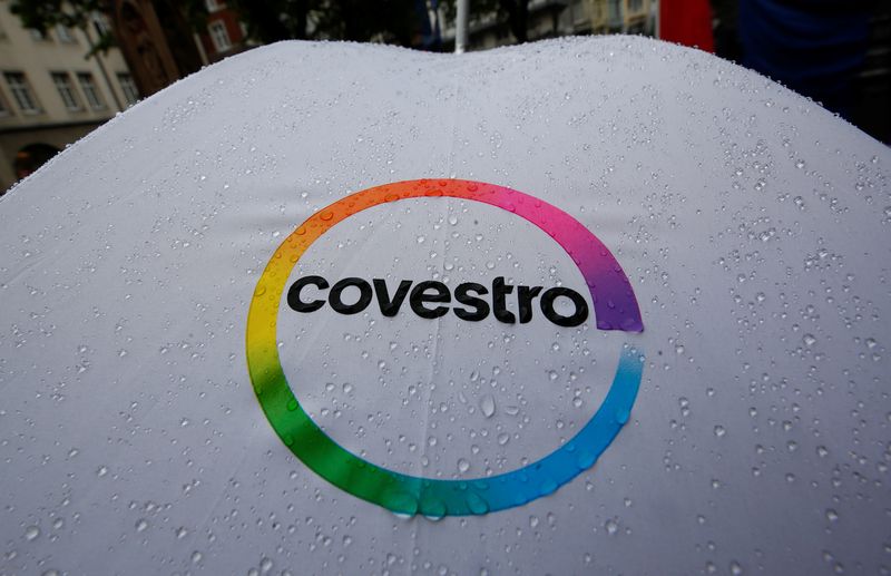 &copy; Reuters. FILE PHOTO: The logo of German chemicals maker Covestro is seen on a wet umbrella in Aachen, Germany, May 2, 2019. REUTERS/Wolfgang Rattay/File Photo