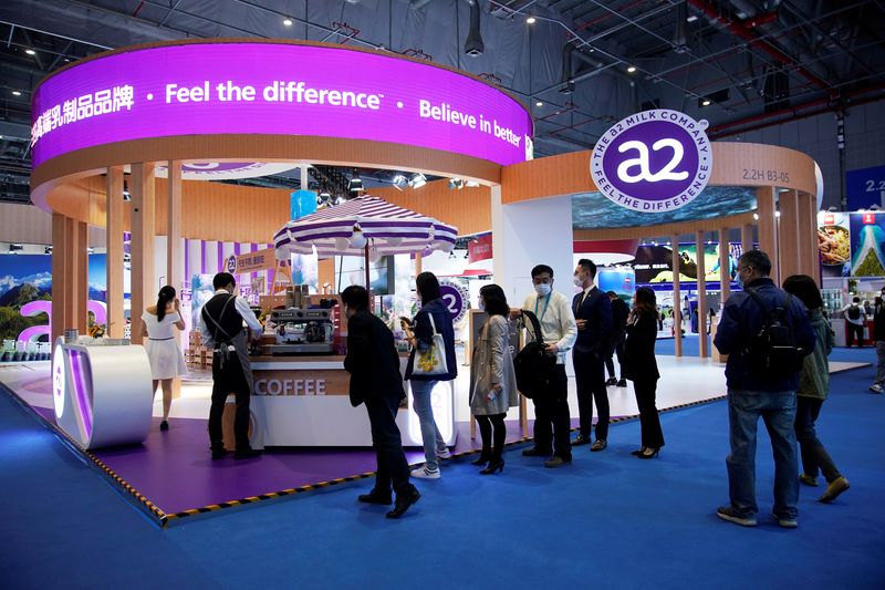 &copy; Reuters. FILE PHOTO: An A2 milk sign is seen at the third China International Import Expo (CIIE) in Shanghai, China November 6, 2020. REUTERS/Aly Song