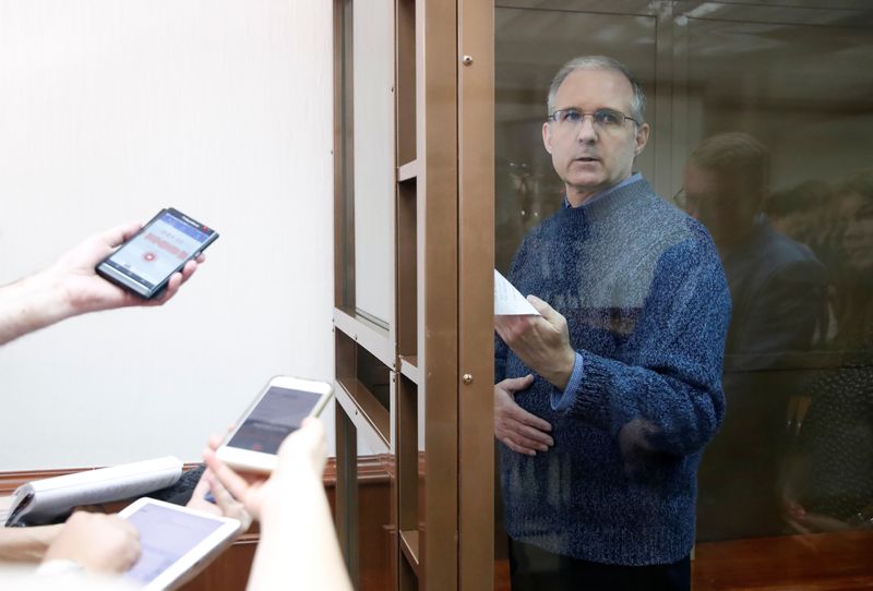 &copy; Reuters. Former U.S. Marine Paul Whelan, who was detained and accused of espionage, stands inside a defendants' cage during a court hearing to consider an appeal to extend his detention in Moscow, Russia June 20, 2019. REUTERS/Maxim Shemetov/File Photo