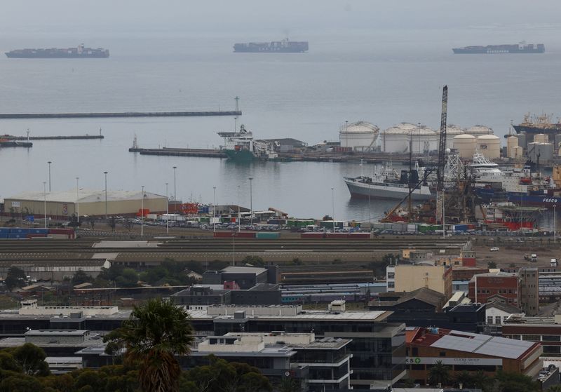 &copy; Reuters. FILE PHOTO: Container ships are seen outside the harbour as workers at South Africa's state-owned logistics firm Transnet continue to protest outside the Port of Cape Town on their nationwide strike action that could paralyse ports and freight rail servic