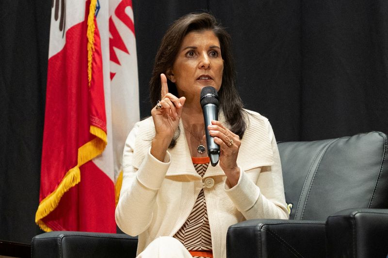 &copy; Reuters. FILE PHOTO: Republican presidential candidate and former U.S. Ambassador to the United Nations Nikki Haley speaks during the "Faith and Family with the Feenstras" event moderated by Rep. Randy Feenstra in Sioux Center, Iowa, U.S. December 9, 2023.  REUTER