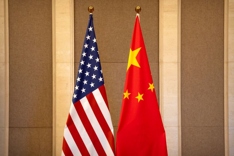 &copy; Reuters. FILE PHOTO: U.S. and Chinese flags are set up before a meeting between U.S. Treasury Secretary Janet Yellen and Chinese Vice Premier He Lifeng at the Diaoyutai State Guesthouse in Beijing, China, Saturday, July 8, 2023. Mark Schiefelbein/Pool via REUTERS/