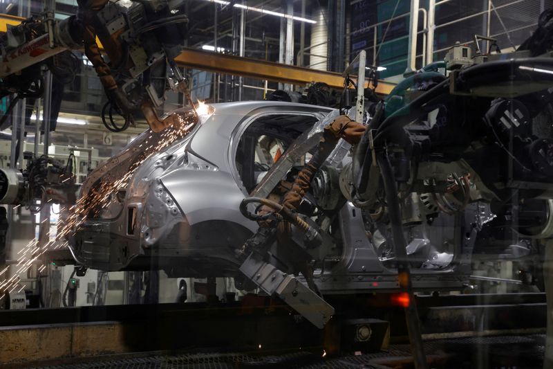 &copy; Reuters. A welding robot assembles bodyworks on a Yaris car at the assembly line of the Toyota Motor Manufacturing France (TMMF) plant in Onnaing near Valenciennes, France, March 30, 2023. REUTERS/Pascal Rossignol/file photo