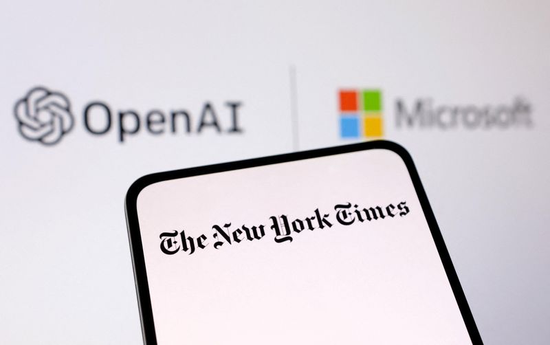 © Reuters. OpenAI, Microsoft and The New York Times logos are seen in this illustration taken December 27, 2023. REUTERS/Dado Ruvic/Illustration