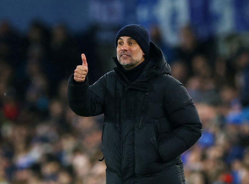 &copy; Reuters. Pep Guardiola em jogo Everton x Manchester City
 27/12/2023  Action Images via Reuters/Lee Smith