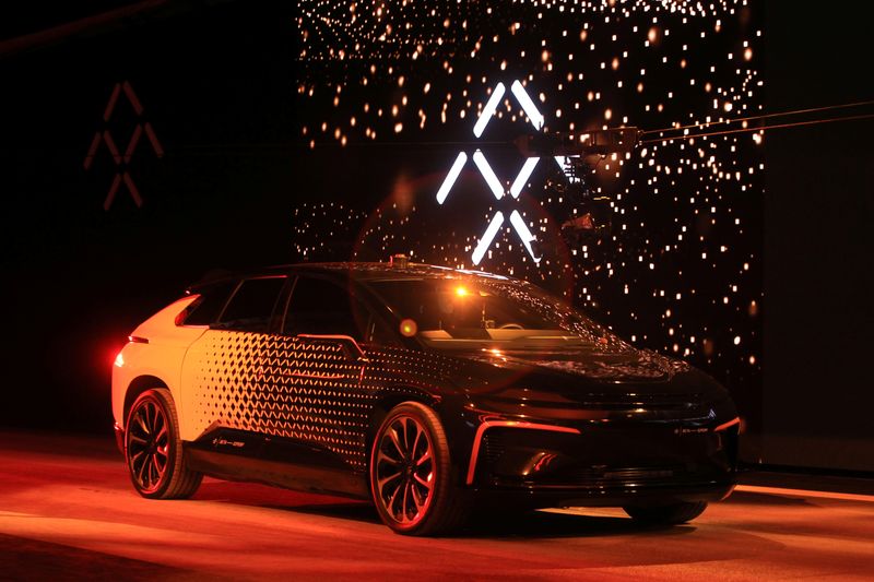 &copy; Reuters. FILE PHOTO: A Faraday Future FF 91 electric car arrives on stage for an exhibition of speed during an unveiling event at CES in Las Vegas, Nevada January 3, 2017. REUTERS/Steve Marcus/File Photo