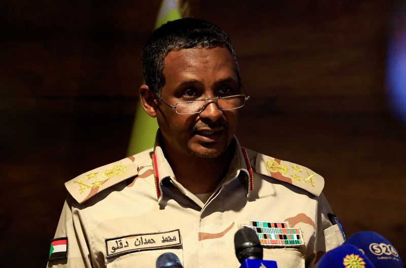 &copy; Reuters. FILE PHOTO: Deputy head of Sudan's sovereign council General Mohamed Hamdan Dagalo speaks during a press conference at Rapid Support Forces head quarter in Khartoum, Sudan February 19, 2023. REUTERS/Mohamed Nureldin Abdallah/File Photo