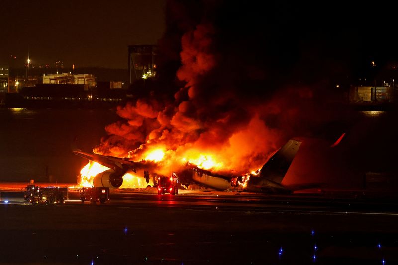 &copy; Reuters. Avião A350 da Japan Airlines em chamas no aeroporto internacional de Haneda, em Tóquio
02/01/2024
REUTERS/Issei Kato