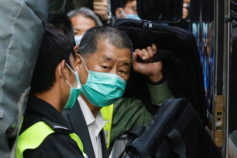 &copy; Reuters. Media tycoon Jimmy Lai, founder of Apple Daily, looks on as he leaves the Court of Final Appeal by prison van, in Hong Kong, China February 1, 2021. REUTERS/Tyrone Siu/File Photo