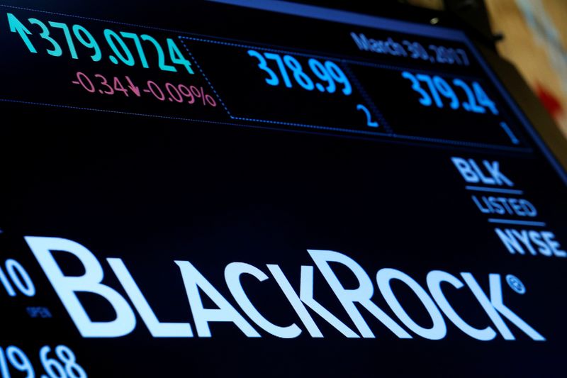 &copy; Reuters. FILE PHOTO: The company logo and trading information for BlackRock is displayed on a screen on the floor of the New York Stock Exchange (NYSE) in New York, U.S., March 30, 2017. REUTERS/Brendan McDermid/File Photo