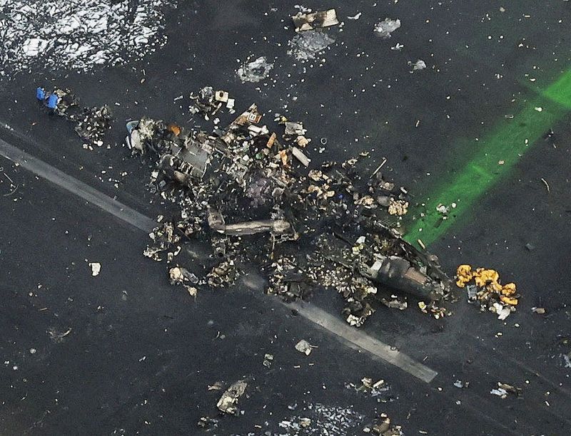 &copy; Reuters. An aerial view shows burnt Japan Coast Guard aircraft after a collision with Japan Airlines' (JAL) Airbus A350 plane at Haneda International Airport in Tokyo, Japan January 3, 2024, in this photo taken by Kyodo. Mandatory credit Kyodo/via REUTERS / File P
