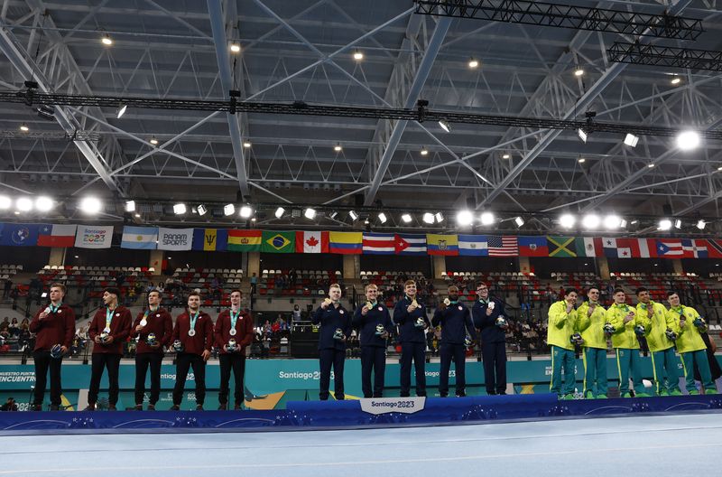 &copy; Reuters. Pódio da competição por equipes da ginástica artística no Pan de Santiago 2023
21/10/2023
REUTERS/Agustin Marcarian