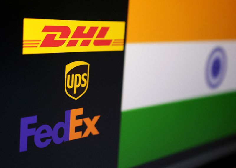 © Reuters. DHL, UPS, FEDEX logos and Indian flag are seen in this illustration taken, January 4, 2024. REUTERS/Dado Ruvic/Illustration