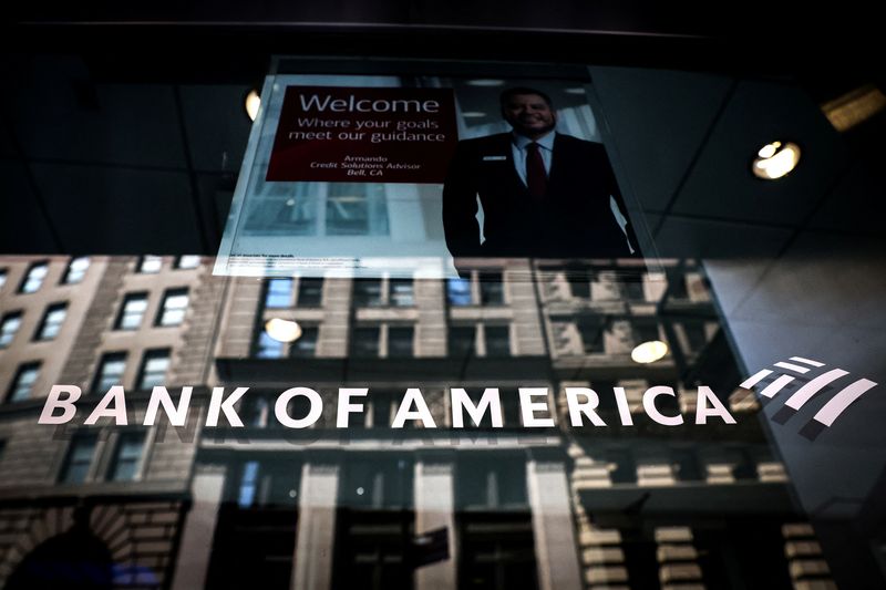 &copy; Reuters. FILE PHOTO: A Bank of America logo is seen on the entrance to a Bank of America financial center in New York City, U.S., July 11, 2023.  REUTERS/Brendan McDermid/File Photo
