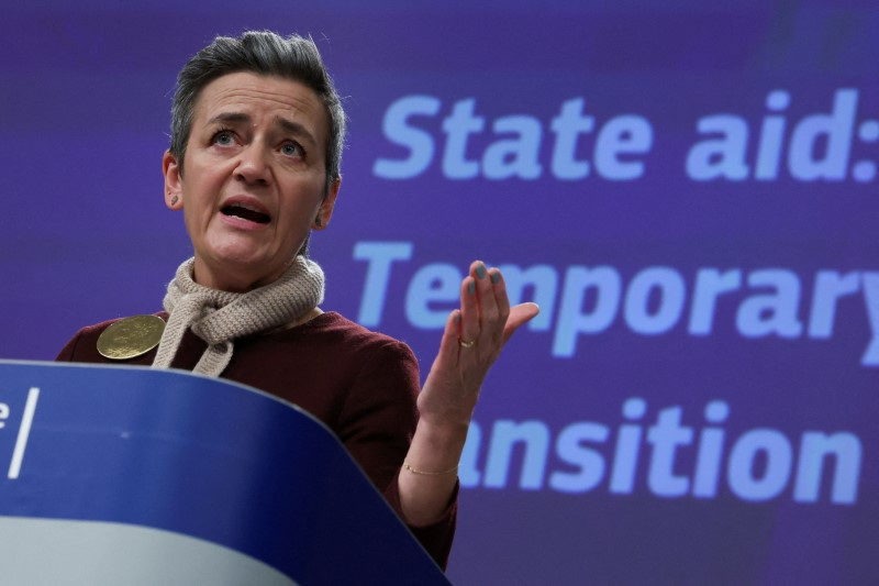 © Reuters. FILE PHOTO: European Commission Vice President Margrethe Vestager speaks during a news conference in Brussels, Belgium February 1, 2023. REUTERS/Yves Herman/